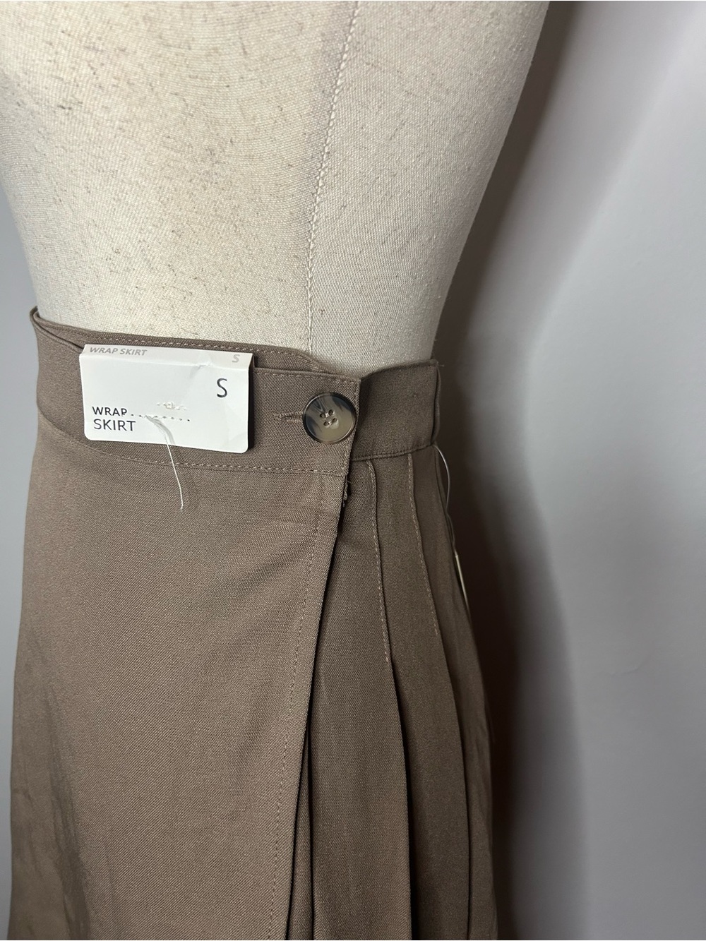 LOVE STREAK Women's Taupe Mini Wrap Skirt with Subtle Pleat in Back - Picture 3 of 6